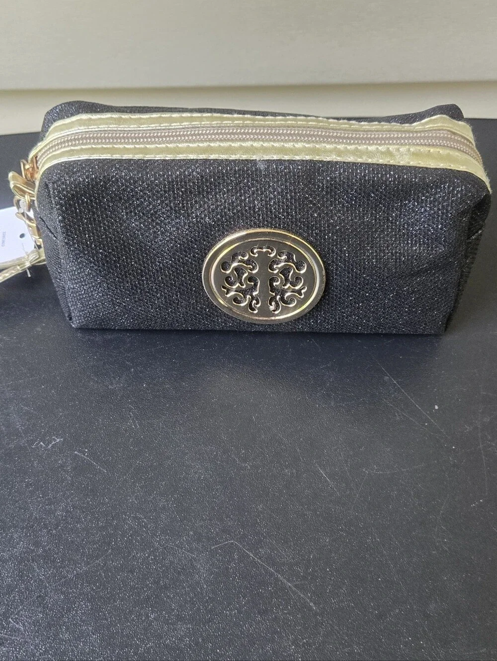 Black Glitter Zip Clutch / Cosmetic Pouch with Gold Accent
